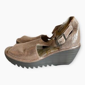 Fly London Yall Wedge Perforated Leather Wedge Sandals EU Sz 37/ US Sz 6-6.5